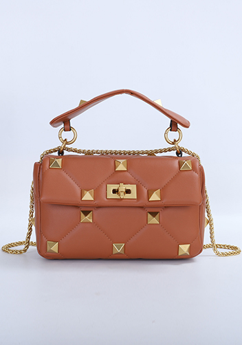 THE AMY STUDDED LEATHER SHOULDER BAG BROWN